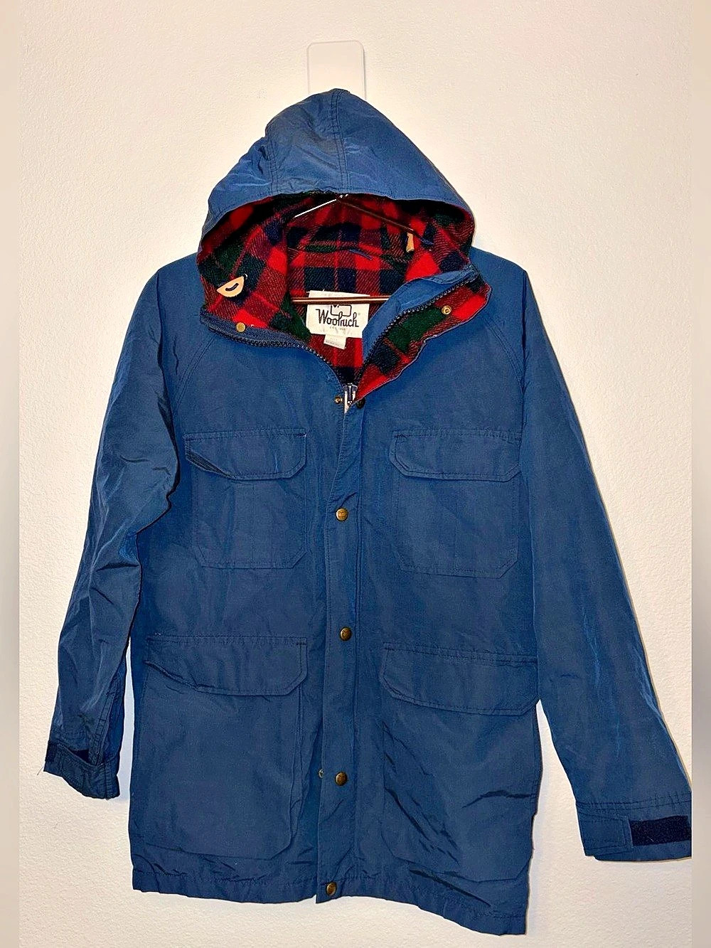 Vintage Woolrich Mountain Parka Jacket Mens Small Blue Plaid Wool Lined USA Made
